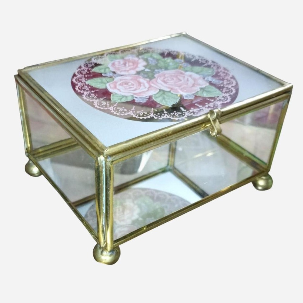 Rose etched glass jewelry box with brass accents